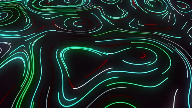Abstract visualization of vacuole silhouettes by moving neon narrow lines on a black background. Motion. concept of microbiology science.