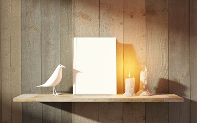 Blank book cover on a shelf with two burning candles. Scandinavian style bird figurine. 3D rendering.