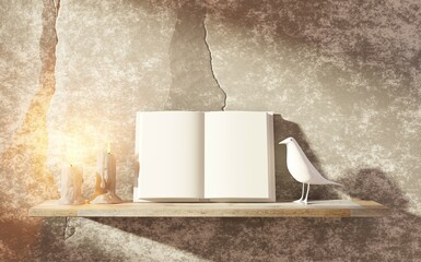 Empty open book on stone wall background. Horizontal shelf with book, candles and figurine bird. 3D rendering.