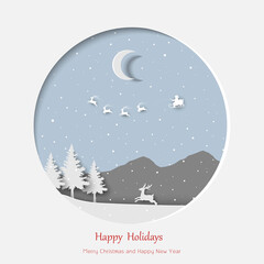 Merry Christmas and Happy New Year greeting card with winter forest on night scene paper art background