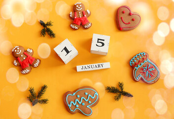 Calendar for January 15: cubes with the number 15, the name of the month in English among...