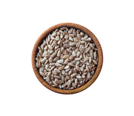 Sunflower seeds on white background. Dry seeds of sunflower in a bowl isolated on white background. Top view.