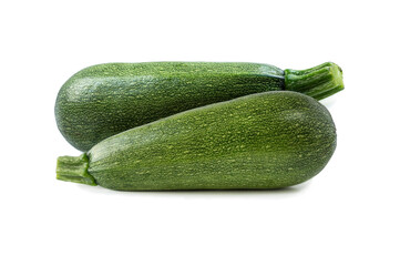 Fresh cut zucchini isolated on a white background. Design element for product label. Design image of fresh whole zucchini. Green zucchini vegetables isolated on white.