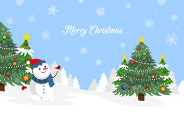 Merry christmas card with snowman vector illustration.	