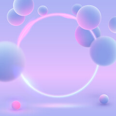 Purple neon frame, circle with realistic blue balls, blured and luminous, luminescent pink balls in blue light abstract background for advertising, web, poster. Vector illustration. 