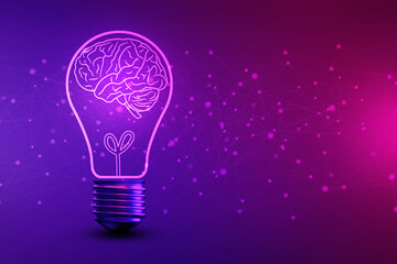 2d illustration Brainstorm concept with futuristic glowing low polygonal light bulb and human brain

