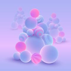 Poster for Merry Christmas, Christmas tree, fir with blue balls, and luminous, luminescent pink balls with dots, stripes and magic lights on light background. Vector illustration.