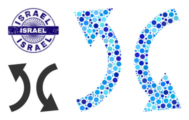 Circle combination exchange arrows icon and ISRAEL round dirty stamp seal. Blue stamp seal includes ISRAEL caption inside circle and guilloche decoration.