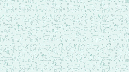 Background with animals, elephant, dog, bison, snail, kitten, horse, shadoof, tiger, cheetah, mountain goat, polar bear, seamless pattern.