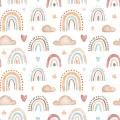 Vector watercolor childish pattern with rainbows and clouds