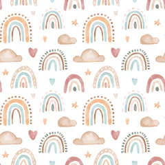 Gardinen Kindisches Muster des Vektoraquarells mit Regenbogen und Wolken © AnnKis