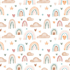Vector watercolor childish seamless pattern with rainbows