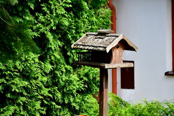 A close up on a small handmade birdhouse with an angled roof made out of wood and thatch standing in the middle of a dense forest or moor next to an abandoned white building in Poland