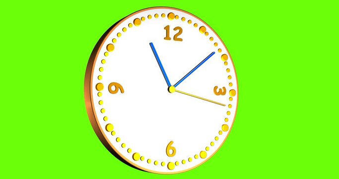 3D animated Clock animation seamless 24 hour loop. Orange wall clock with blue time pointer hovering free in space. Green background for keying and copy space. Looping timekeeper smooth moving watch