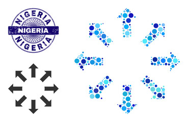 Circle mosaic expand arrows icon and NIGERIA round rubber stamp seal. Violet stamp seal includes NIGERIA caption inside circle and guilloche style. Vector mosaic is based on expand arrows icon,