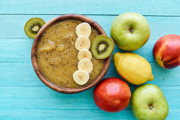 fruit dessert smoothie vitamins fresh delicacy blue background