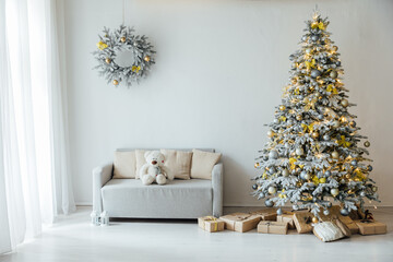 white snow christmas tree with gifts new year decoration
