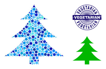Circle collage fir-tree icon and VEGETARIAN round dirty stamp seal. Blue stamp seal includes VEGETARIAN title inside circle and guilloche structure. Vector collage is based on fir-tree symbol,