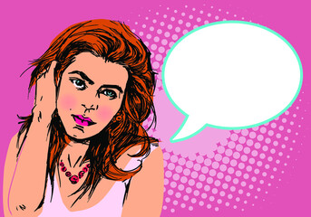 Wow a feminine pop art face. With blue eyes, an open lips, and a speech bubble,  sexy young woman is astonished. Bright vector backdrop in the manner of a pop art retro comic. Poster for a party invit