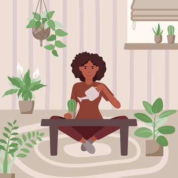 Gardening at home concept with woman watering indoor plants. Urban jungle, urban garden, home garden and cozy home. Vector flat illustration.