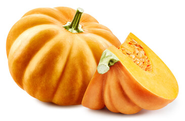 Pumpkin isolated on the white background. Pumpkin half. Fresh pumpkin fruits isolated on white...