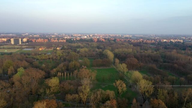 aerial view of milan northern italy parco lambro, city park with skyscrapers 