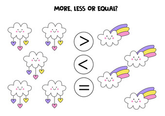 More, less, equal with cute kawaii clouds.