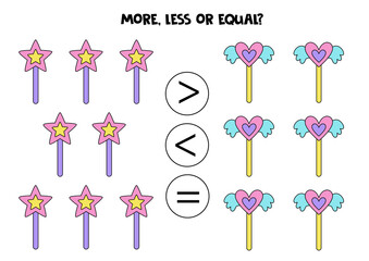 More, less, equal with cute magical wands.