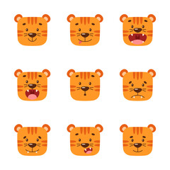 Set of cute tiger faces. Muzzle of a wild animal with a variety of emotions and expressions. Little cartoon wild cat. Symbol of the Chinese New Year. Print for baby clothes, design element for toys.