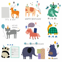 Set of baby shower invitations with cute animals, present boxes and balloons on white background. It's a boy and happy birthday. Vector illustration