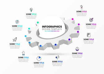 infographic template with 10 steps or options. 3d cogwheel. Vector