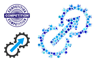 Rounded dot mosaic gear integration icon and COMPETITION round dirty stamp. Blue stamp seal includes COMPETITION title inside circle and guilloche decoration.