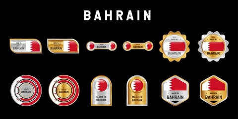 Made in Bahrain Label, Stamp, Badge, or Logo. With The National Flag of Bahrain. On platinum, gold, and silver colors. Premium and Luxury Emblem