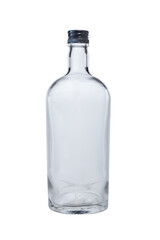 Closed with a metal stopper, an empty glass bottle for whiskey, cognac, brandy or rum. Isolated on...