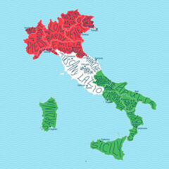 Map of Italy, creative design, detailed and isolated. Capitals and hand-drawn names of regions are on English. North, central and south part of the country as national flag colors: red, white, green