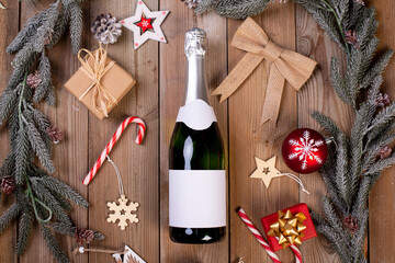 wine champagne bottle on a christmas party holiday table with empty label copy space
