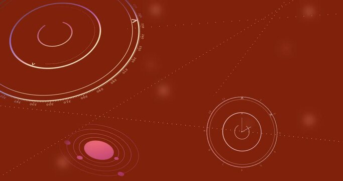 3D animation of a compass and a clock. Nautical symbols on red background. Animated abstract camera movement through 3D space with Clock and Compass. light bubbles in 3d space glowing in the back