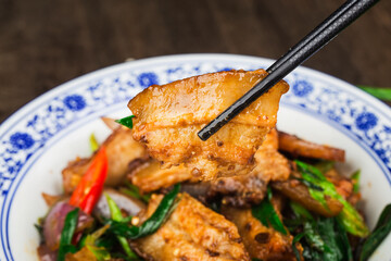 Close up of one of the most popular Chinese Sichuan province cuisine Twice-cooked pork