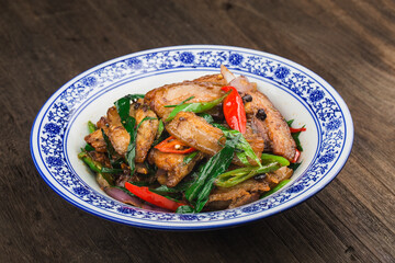 Close up of one of the most popular Chinese Sichuan province cuisine Twice-cooked pork