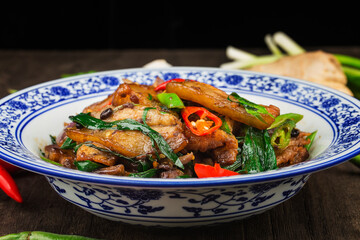 Close up of one of the most popular Chinese Sichuan province cuisine Twice-cooked pork