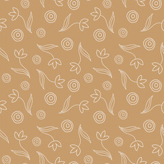 Seamless pattern with flowers and circles drawn by hand in a linear style on a beige-pink background