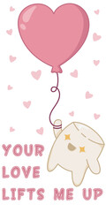 Cute kawaii marshmallow taking off on a balloon in the shape of a heart. Kawaii marshmallow characters in a flat style, hand-drawn postcards to express their feelings. Vector illustration