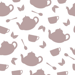 Seamless pattern of purple teapots, cups, spoons and leaves on white background. Kitchen utensil background.