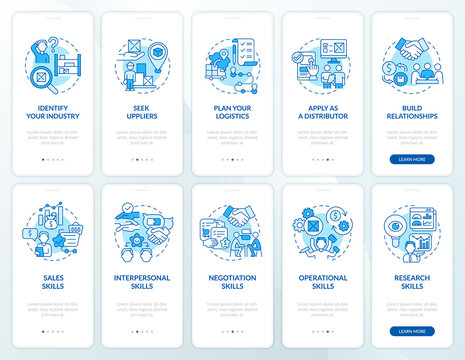 Distribution Business Startup Tips Onboarding Mobile App Page Screen Set. Strategy Walkthrough 5 Steps Graphic Instructions With Concepts. UI, UX, GUI Vector Template With Linear Color Illustrations