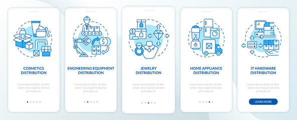Distribution goods choose tips onboarding mobile app page screen. Wholesale walkthrough 5 steps graphic instructions with concepts. UI, UX, GUI vector template with linear color illustrations