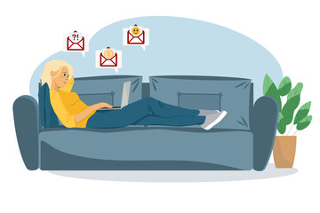 Flat vector illustration. Young woman sits on a blue couch and works at home with a laptop checking mail. Cozy modern living room with sofa, indoor plants. Woman indoors at remote work.