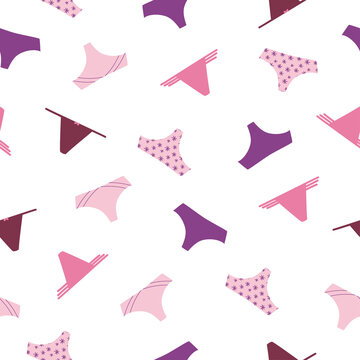 Seamless pattern of panties and bikinis in pink colors on white background. Female underwear, lingerie background.