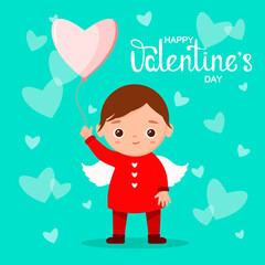 Cute cupid with heart-shaped balloons. Greeting card for Valentine's Day. Cartoon design.
