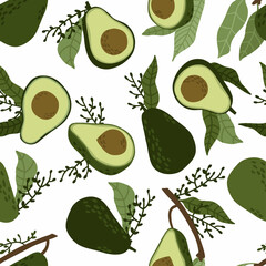 seamless pattern with avocado and avocado halves. hand drawn avocado in flat style. vector illustration.