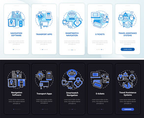 Transportation digital onboarding mobile app page screen. Route walkthrough 5 steps graphic instructions with concepts. UI, UX, GUI vector template with linear night and day mode illustrations